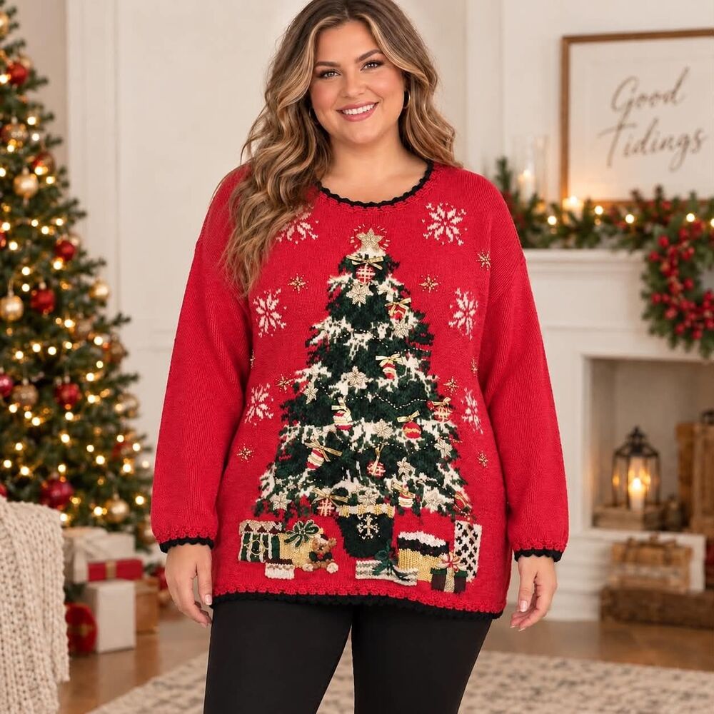Maggie Lawrence Vintage 90's Christmas Sweater Plus Sz 26/28 Holiday Beaded Tree